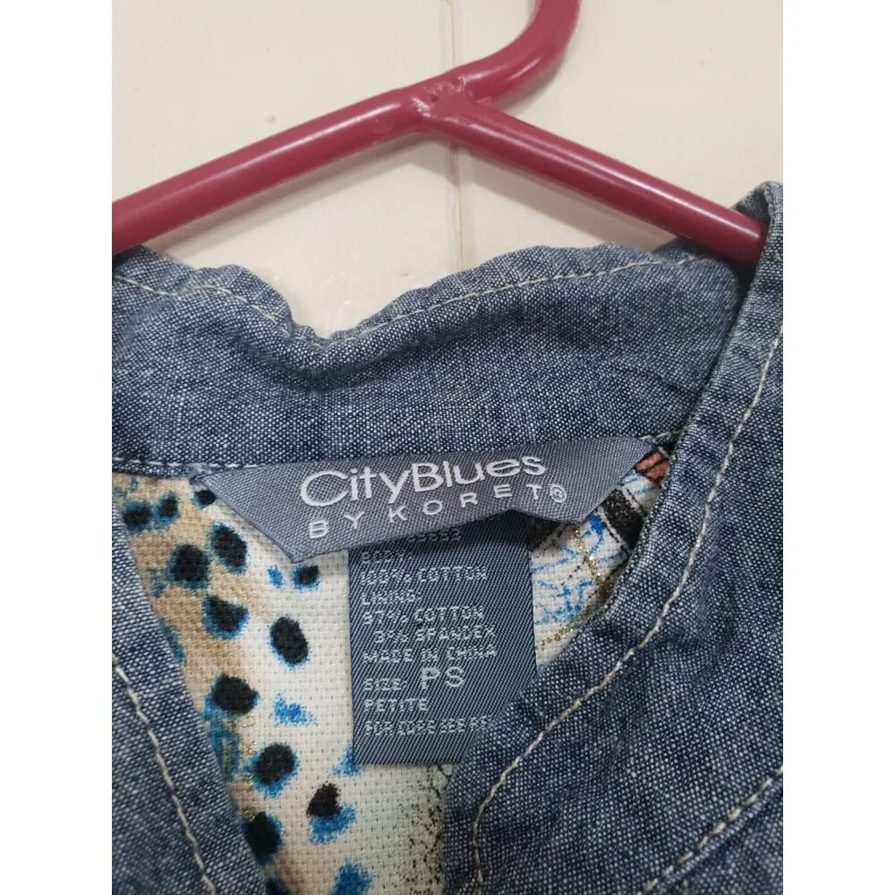 Koret City Blues Womens Petite PS Denim Jacket Chambray Wood Button Band Collar - Picture 5 of 5